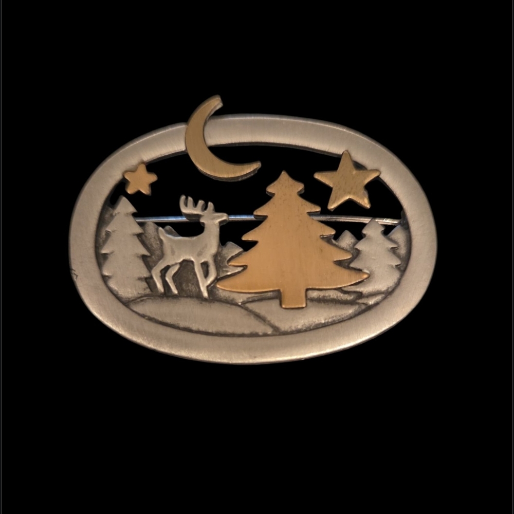 Gold and Silver Christmas Brooch with Reindeer and Tree